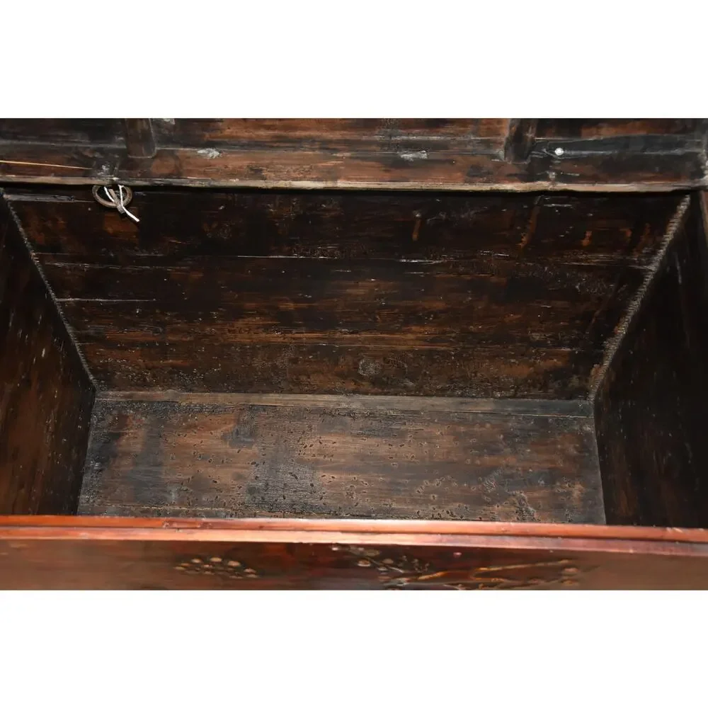 Antique Chinese Lacquer Hand Painted Coffer Carved Elm Wood Chest/Trunk